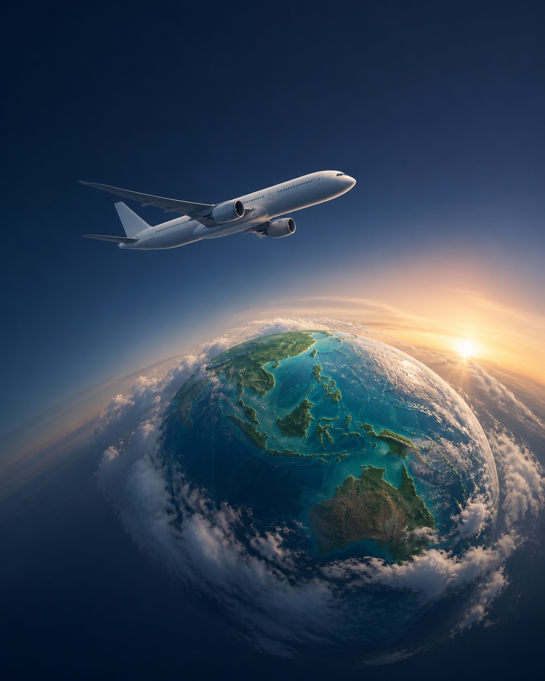 Fictional APEC Airlines tiny-planet social campaign with an aircraft flying above the Asia-Pacific region